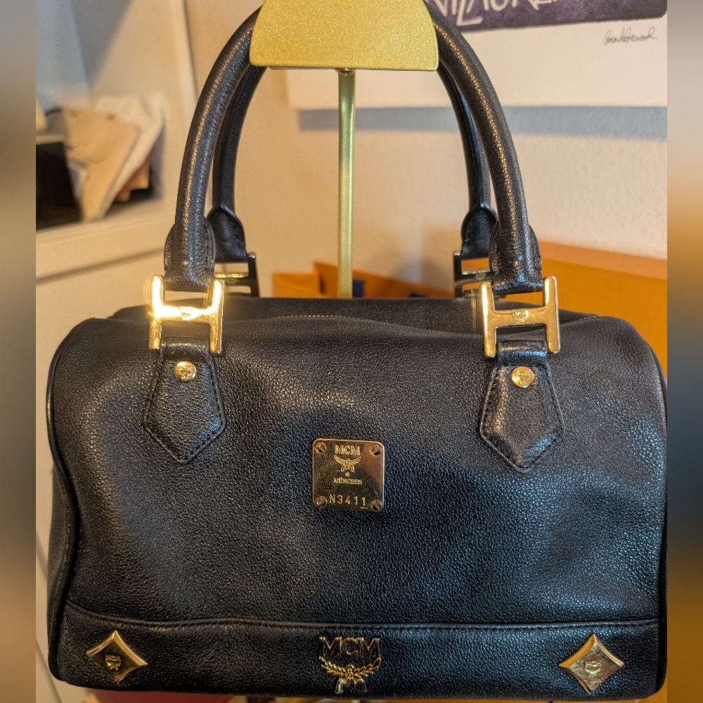 Black MCM Leather Studded Small Heritage Boston Bag